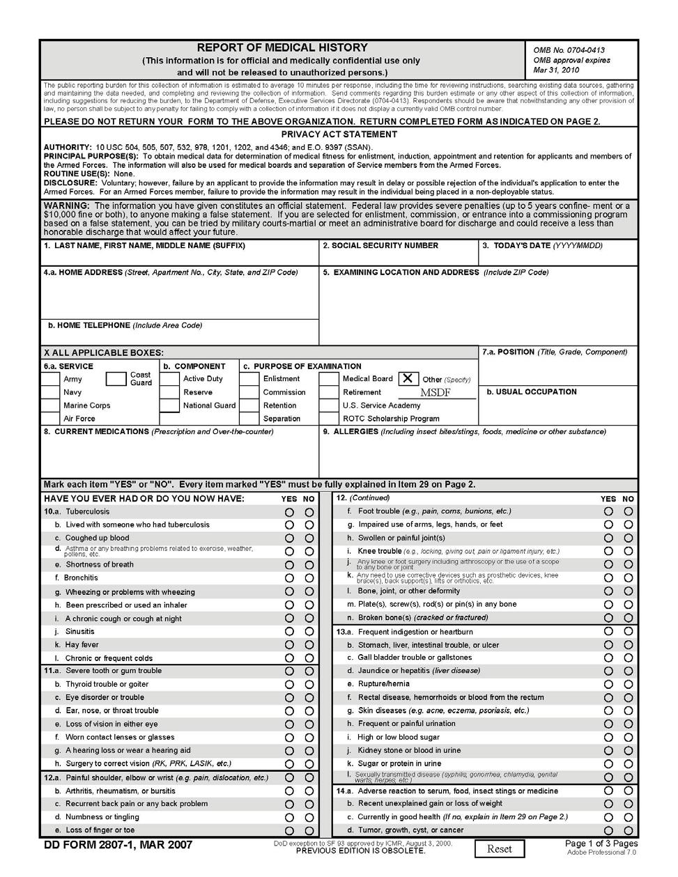 Appendix D Report of Medical History (DD Form 2807-1 with