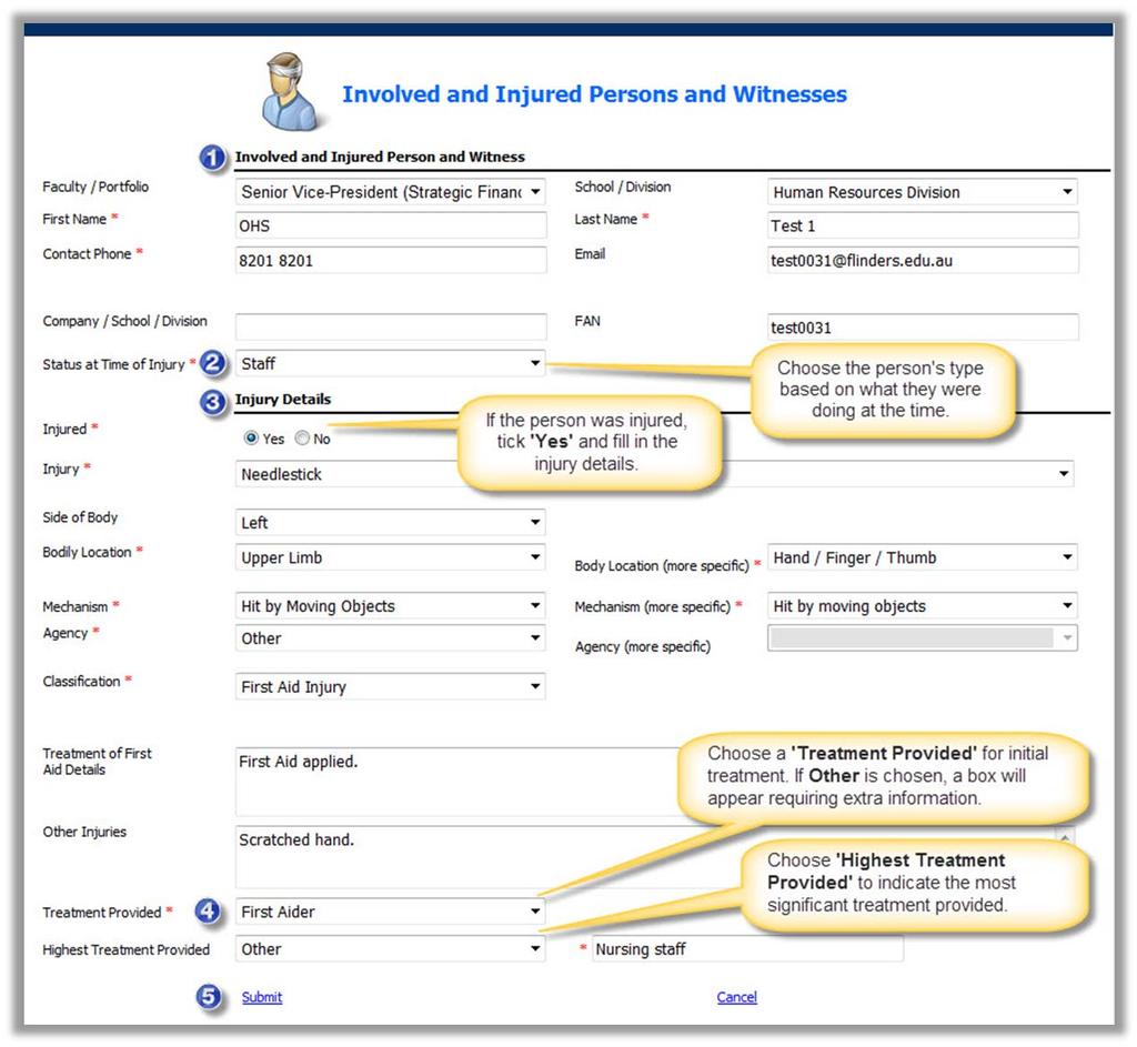 1a. Add an Injured Person On selecting the Add Involved and Injured Persons and Witnesses link the screen in Figure 03 below will appear.
