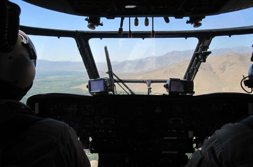 The pilots cockpit of a Puma helicopter during one if its many flights between combat outposts and forward operating