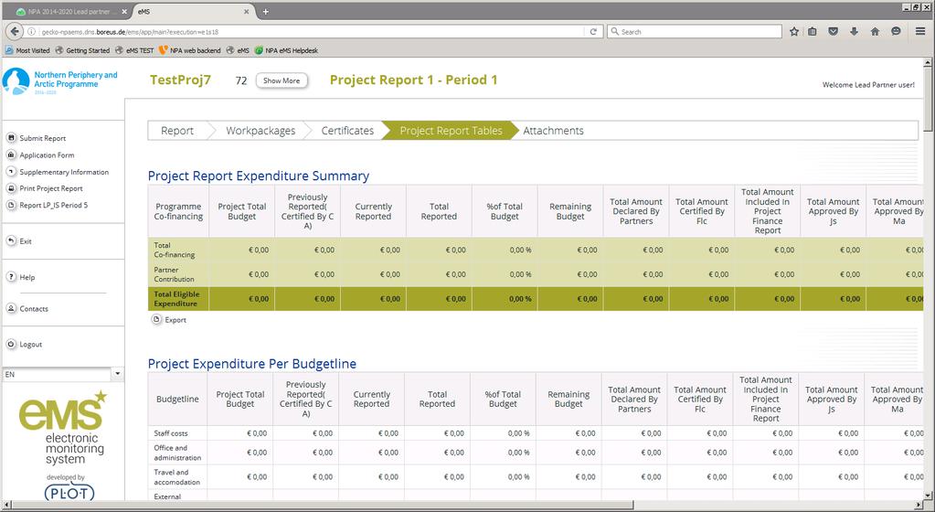 2.4 Tab: Project Report Tables This tab provides an aggregated overview of the project claim per budget line, work package and funding source.
