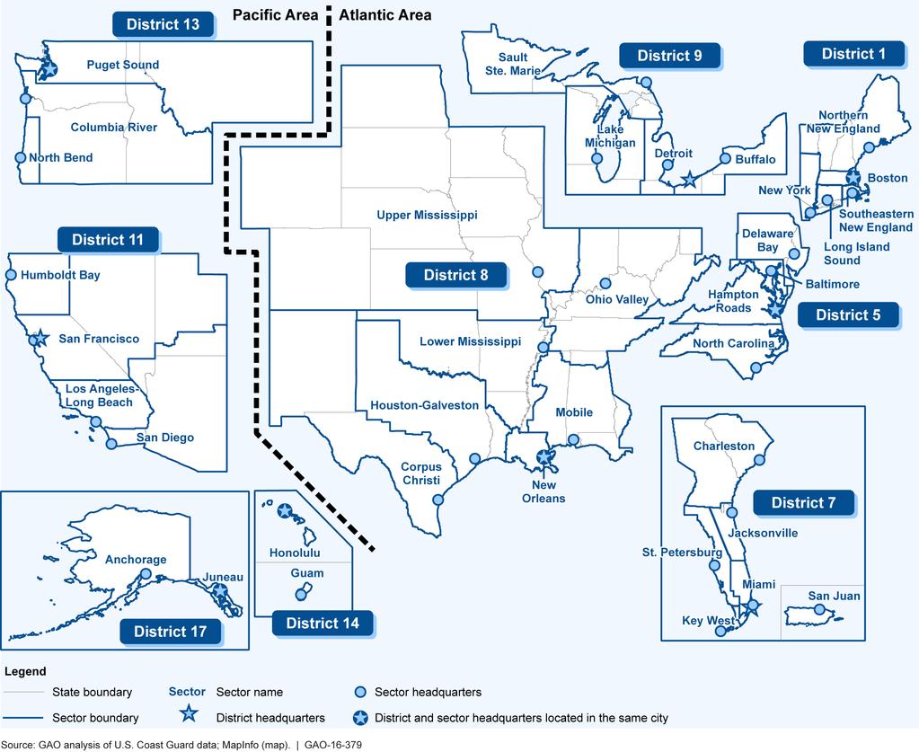 Figure 1: Map Showing the Coast Guard s Two Area Commands, Nine Districts, and 37 Sectors Note: This figure is not to scale and the nine Coast Guard districts are not numbered sequentially.