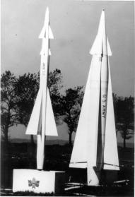 Left: A close up view of the Nike Ajax missile and the Hercules missile show their original