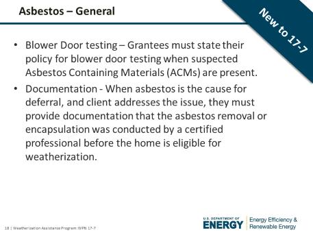 Added requirement for H&S Plan to include the policy for blower door testing when suspected asbestos containing materials (ACM) are identified.