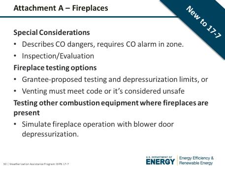 Fireplaces Special Considerations: Fireplaces present special hazards that are affected by weatherization. If draft is poor, smoke may downdraft into the living space causing poor indoor air quality.