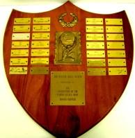 wooden award; dark wood finish on front and back, black sides; various black plaques with inscriptions Kamehameha Ranger Club, Most Outstanding Ranger Award 7