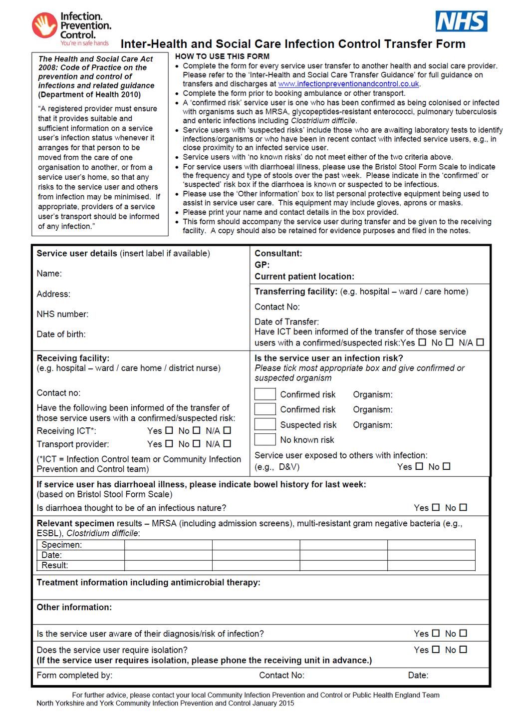 Appendix 1: Inter-Health and Social Care Infection Control Transfer Form Cumbria County