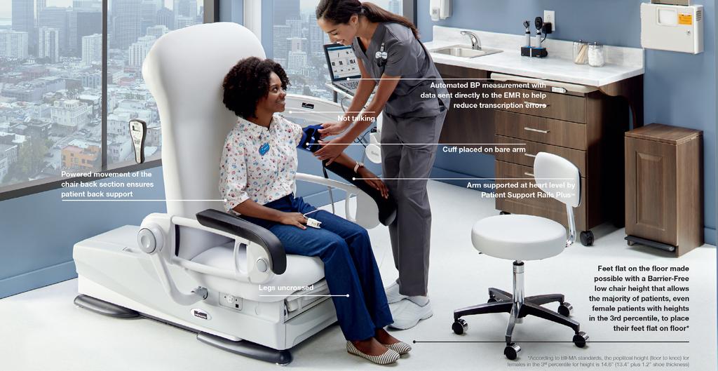 The Midmark 626 Barrier-Free examination chair standardizes and simplifies the BP measurement process so caregivers can take BP readings in a consistent manner following AMA and AHA guidelines.