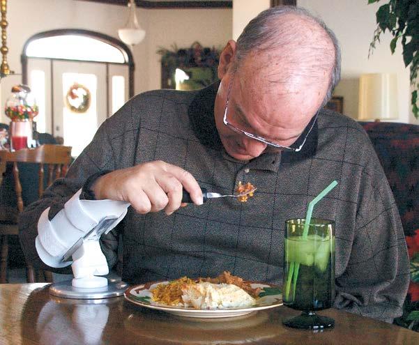 Eating Chewing and swallowing difficulties (dysphagia) make mealtimes exhausting for the person with ALS, due to the need to concentrate and go slowly to keep from choking.