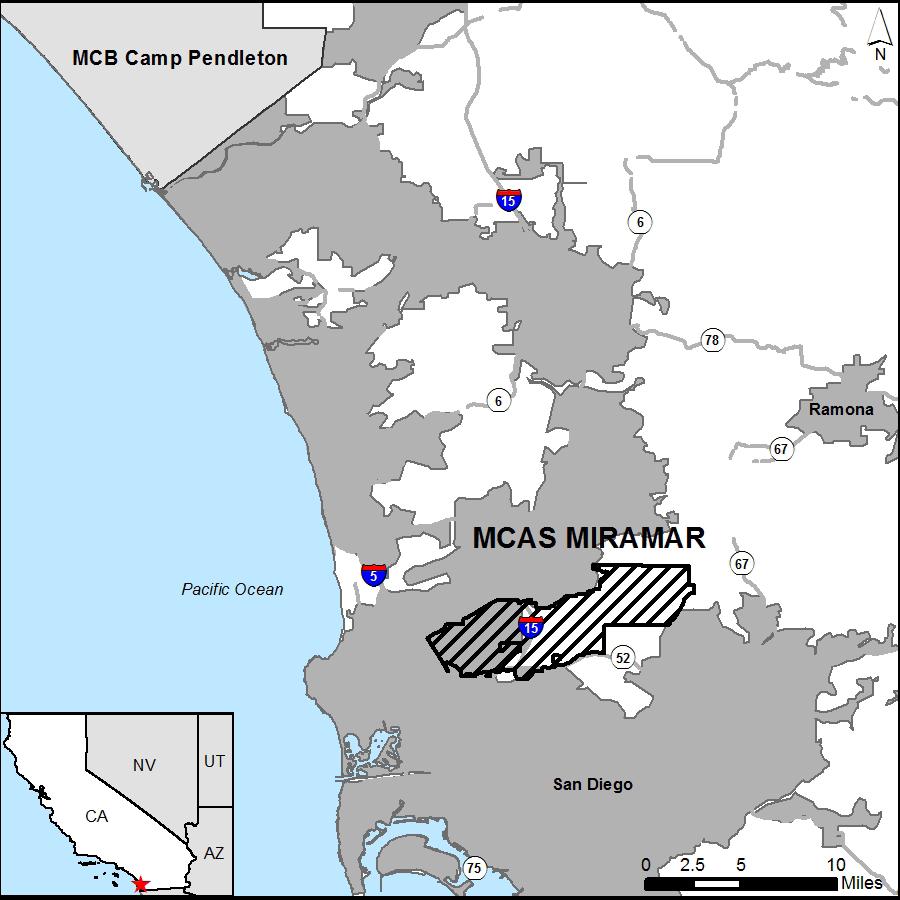 MCAS MIRAMAR : CALIFORNIA Located only about 10 miles north of downtown San Diego, Marine Corps Air Station (MCAS) Miramar is the Marine Corps master air station on the West Coast, home to the 3rd