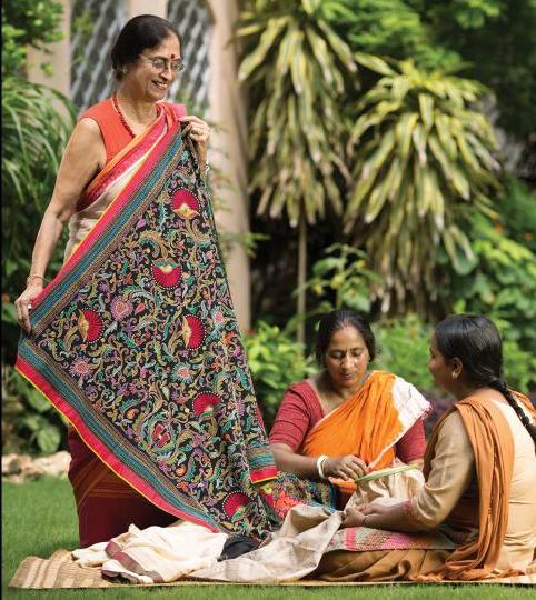 In the 1980s, Dudeja ran across some women at a craft market using the 600-year-old kantha stitch to make wall hangings. Women traditionally used kantha to sew together old saris to make blankets.