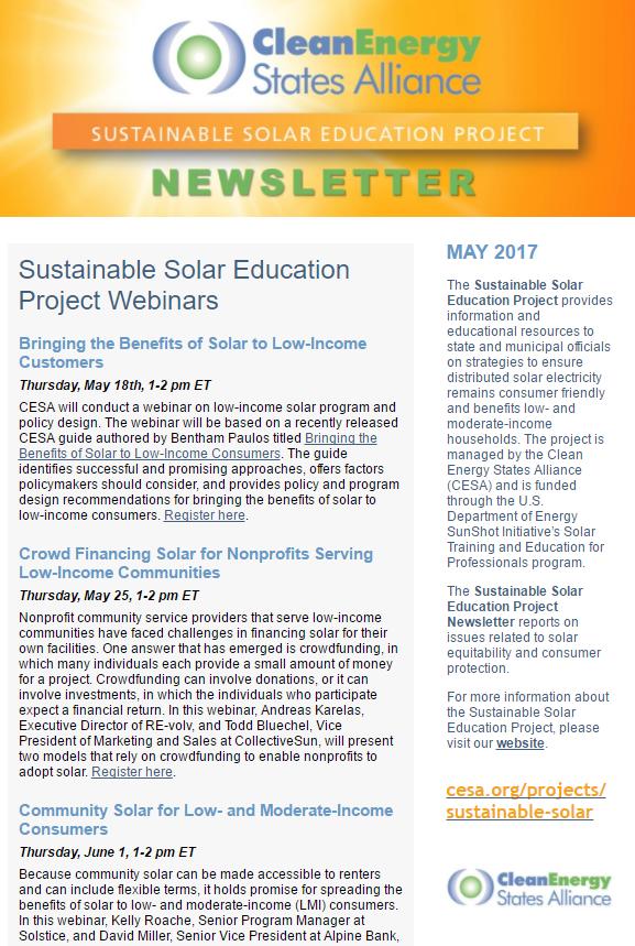 course material In-person training The project publishes a free monthly e-newsletter highlighting solar