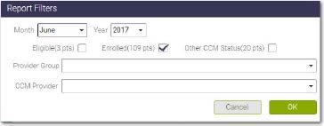 Choose Month and Year. You can check the box to see Eligible not enrolled (total number in parenthesis), Enrolled patients or Other CCM status.