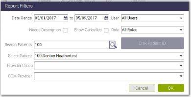 17. Click the Set Report Filters button to set Date Range and User. Note: Administrators may select their own name, another user name, or All Users from the drop down list.