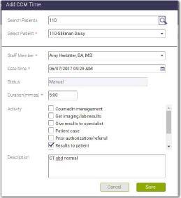 To create a new entry, click Add Time Log in the Patient Activity table. Click Save when finished. 21.