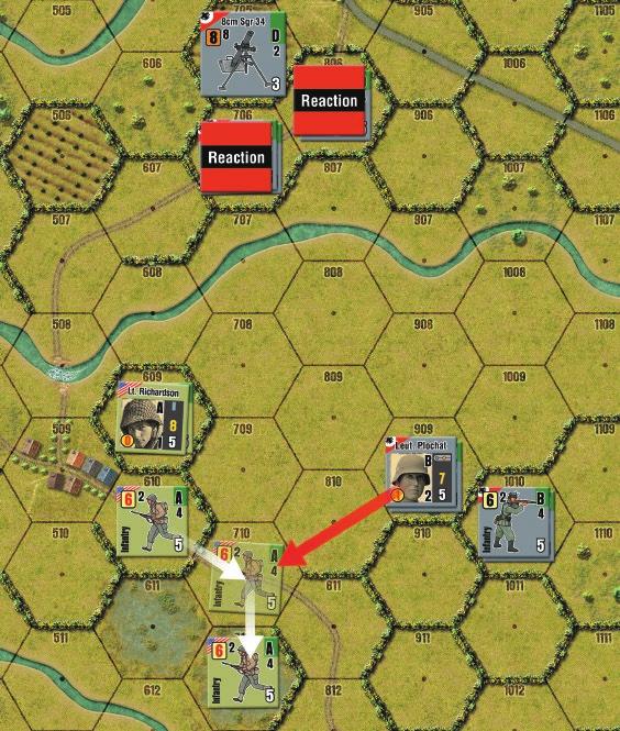 After this attack is resolved, the German platoon is marked as Finished and the American platoon continues the planned movement, in this case from D710 to D711 and it is also marked as finished.