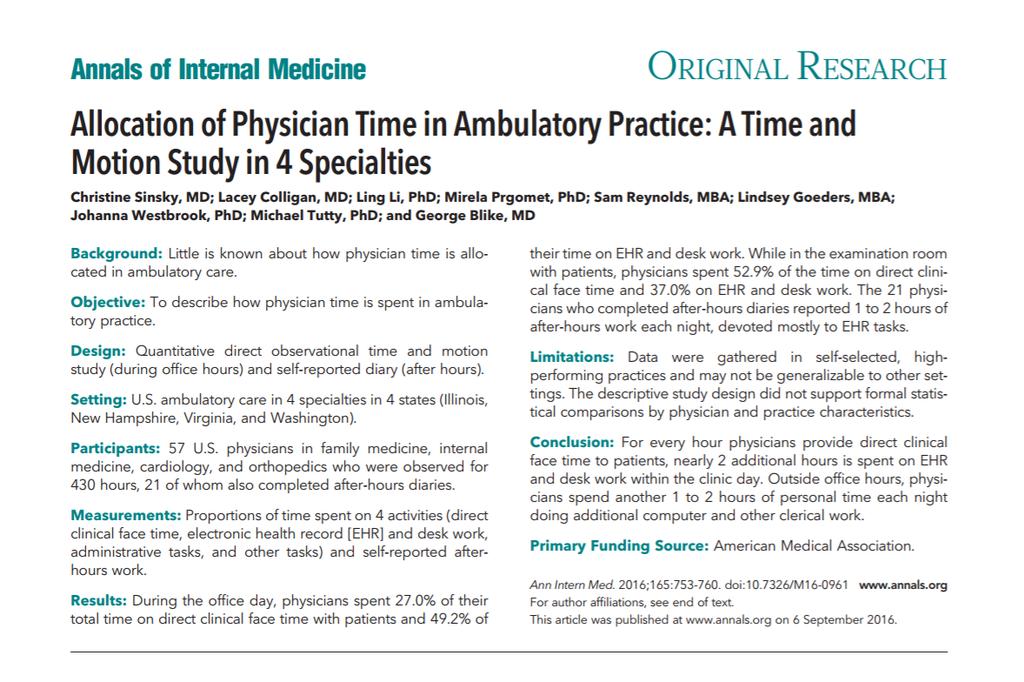 Allocation of Physician Time: Part 1 For every hour physicians provide direct clinical face time to patients, nearly 2