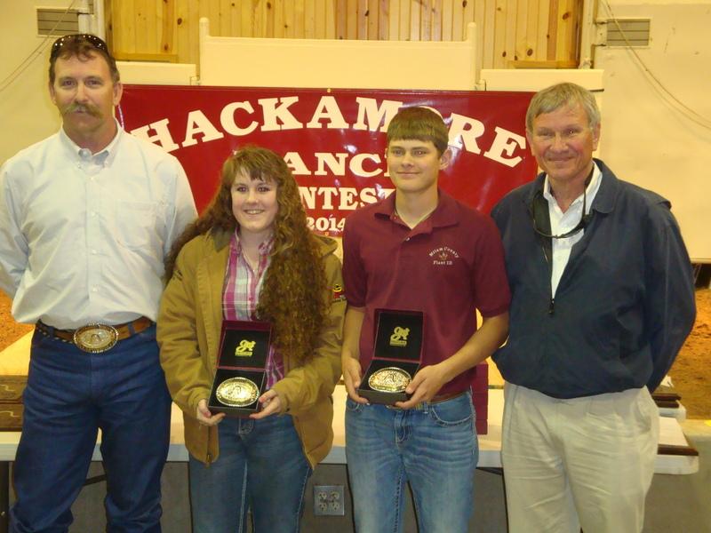 Scholarship Winners - Hackamore Invitational Contests: L to R: Cody Fowler - owner Hackamore Ranch and contest sponsor, Ginny Cowan, Kendall County 4-H - 1 st Place Range Evaluation Contest