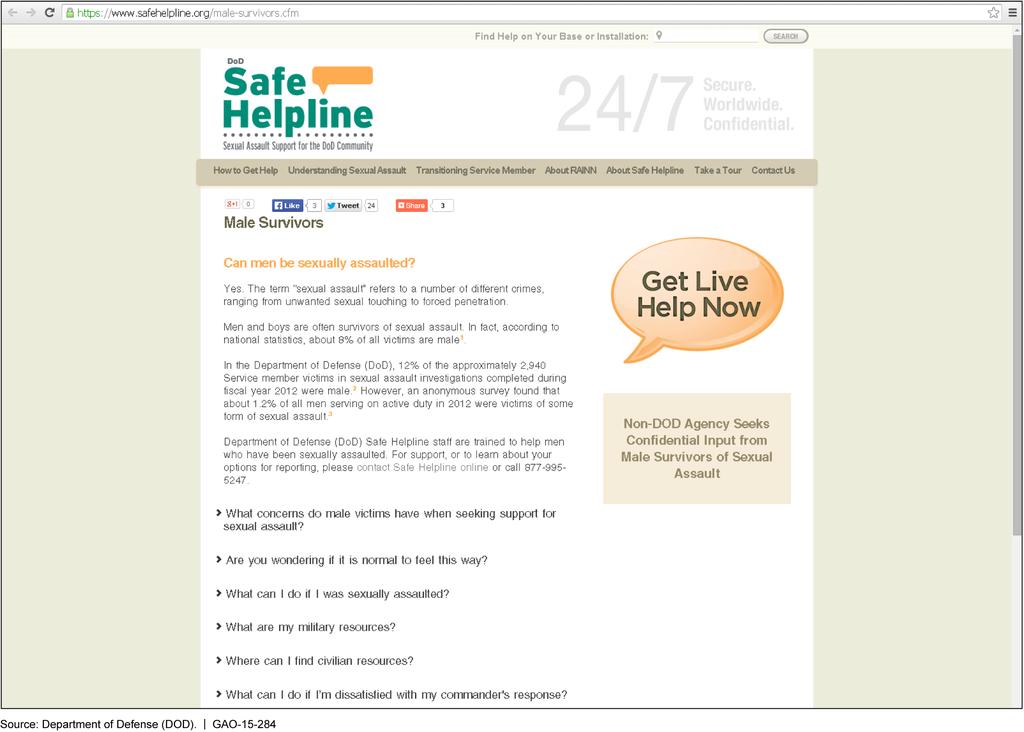 Figure 2: Safe Helpline Male Survivors Page Additionally, in January 2012, the department revised its directive on the sexual assault prevention and response program to require that sexual assault