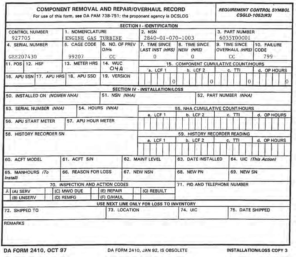 Figure 3-14B. Sample of a completed DA Form 2410 for gain to the Army inventory.