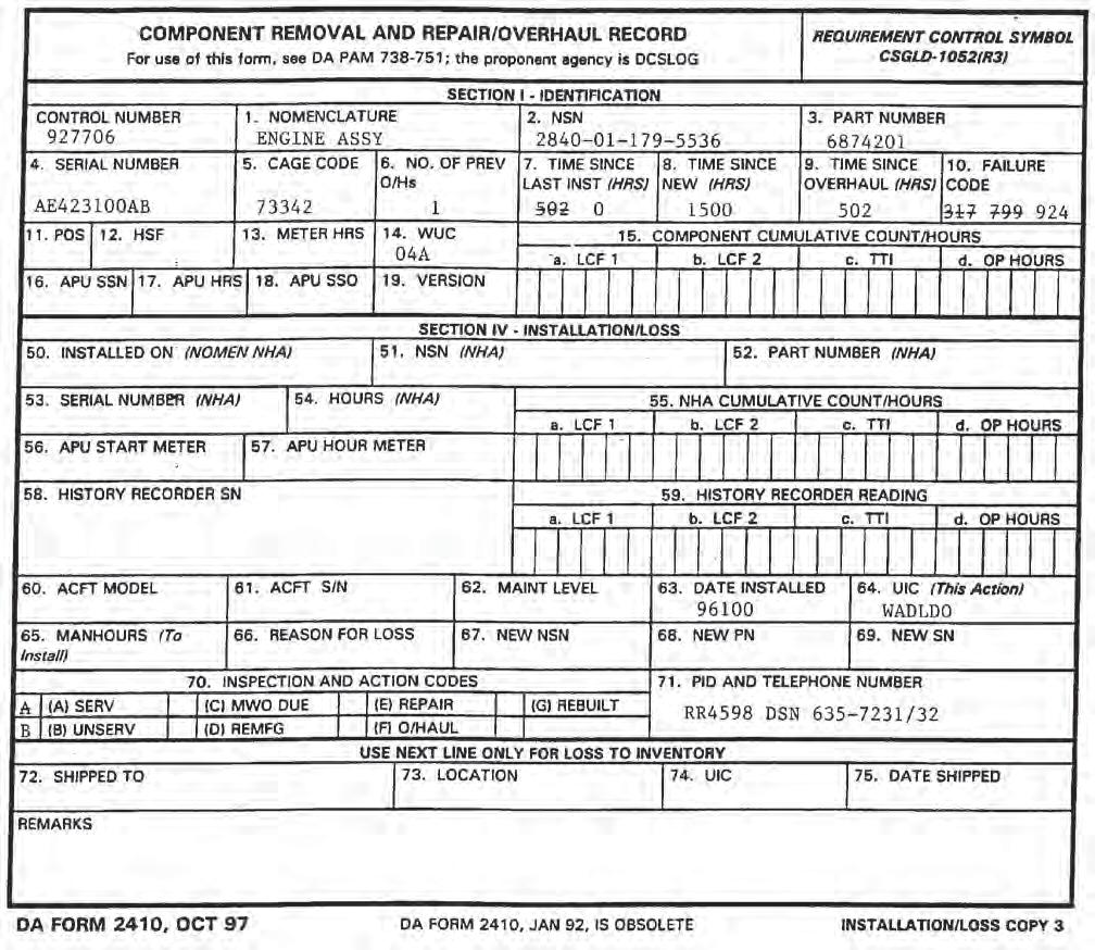 Figure 3-19. Sample of a completed DA Form 2410 for change from serviceable to unserviceable uninstalled items.