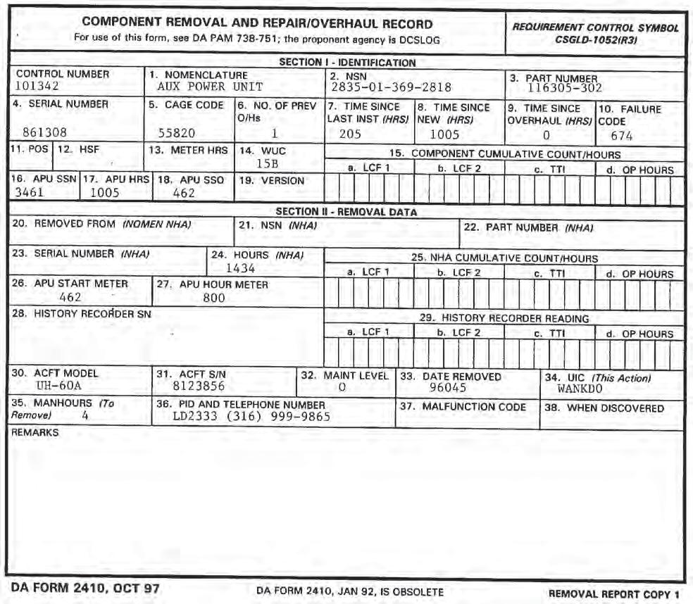 Figure 3-22. Sample of a completed DA Form 2410 when a serviceable reportable item is removed for controlled exchange.