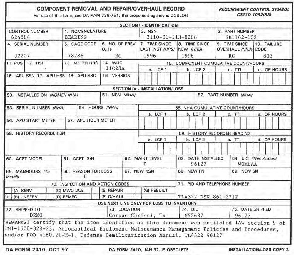 Figure 3-24B. Sample of a completed DA Form 2410 for loss to the Army inventory when a loss code of "D" or "J" is used.