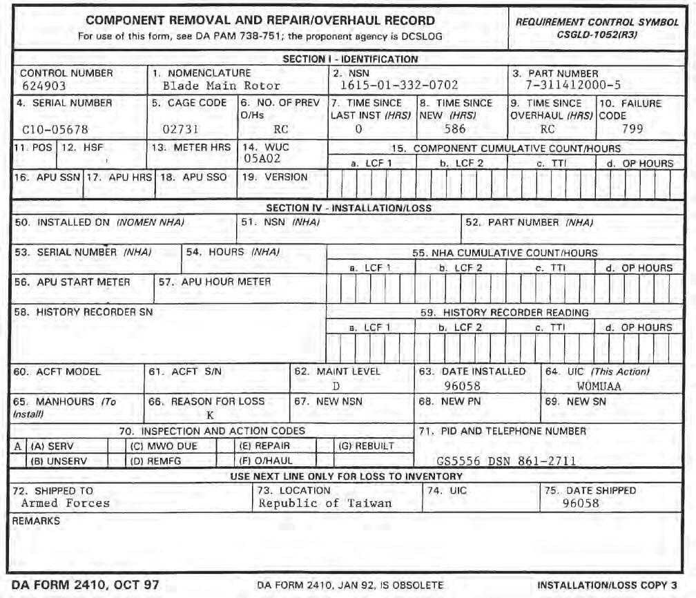 Figure 3-25B. Sample of a completed DA Form 2410 for loss to the Army inventory when a loss code other than "D", "J", or "M" is used. (Illustration #2).