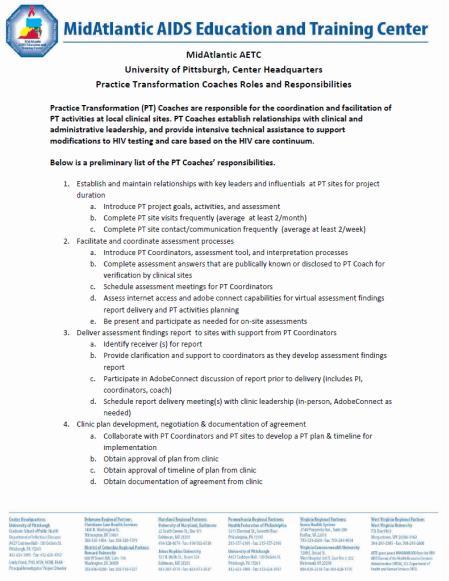 Practice Transformation Coach Responsibilities 2016, University of