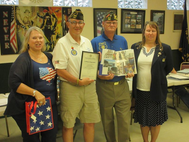 Post Honored by Fox Lake American Legion At our Post July meeting Ginger Johnson, President of the Fox Lake American Legion Post 703 Ladies Auxiliary and Linda Regaldo, also from the Auxiliary,