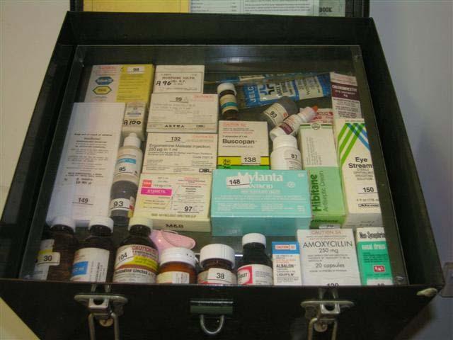 A variation of this medical chest is still in use with approximately 50 drugs (including narcotic pain relievers and antibiotics) included.
