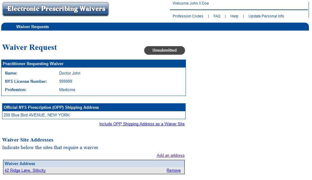 6. After selecting the OPP shipping address, the Waiver Request screen will display