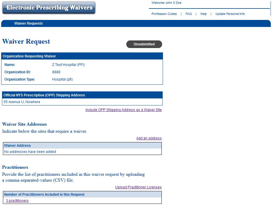 6. After selecting the OPP shipping address, the Waiver Request screen will display (see below).