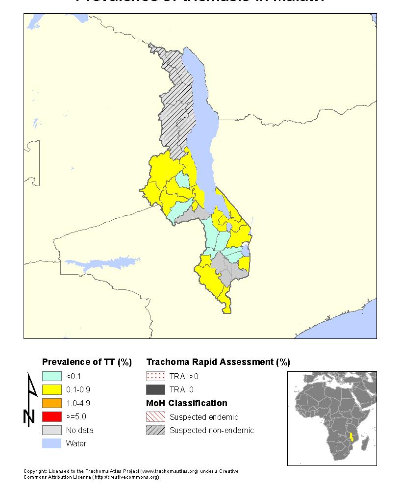Figure 5 : Prevalence of trichiasis in Malawi The 6 suspected non-endemic districts (Karonga, Chitipa, Rumphi, Nkhatabay, Likoma and Mzimba in the Northern Region are all bordered by endemic