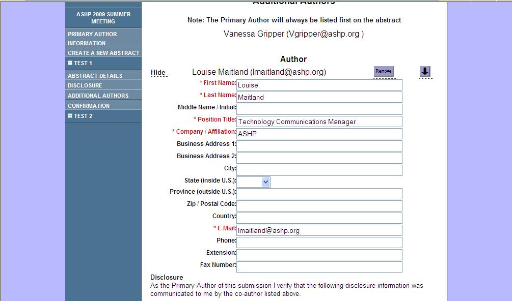 Editing Additional Authors/Additional Author Disclosure The Primary Author must obtain the disclosure information from all authors