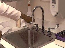 turn off the water with the paper towel. Hand washing should be done after patient contact, after removing gloves, before and after eating and after using the restroom.