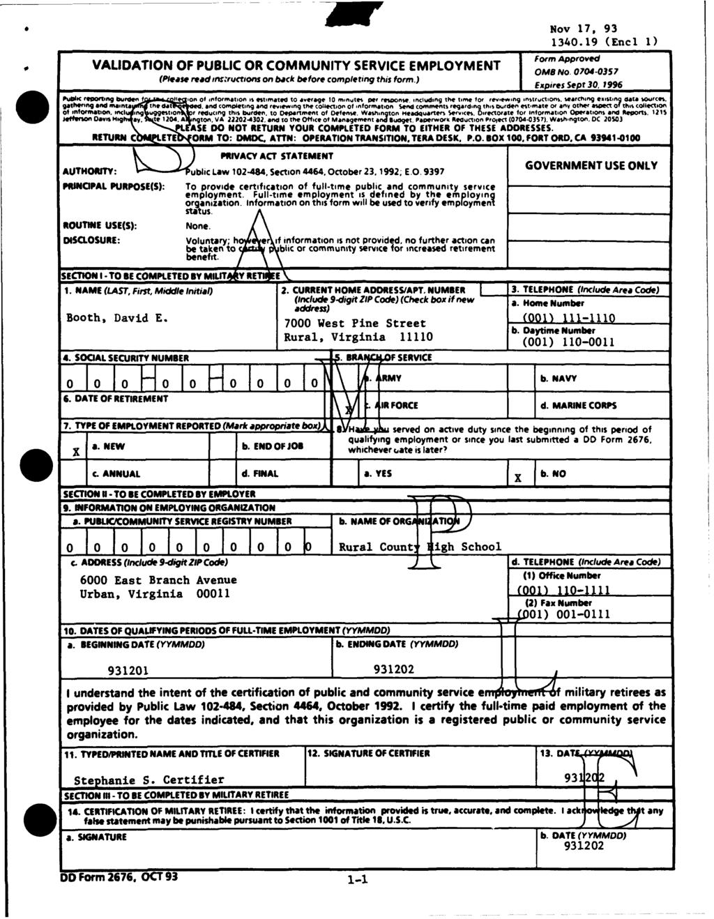 S* Nov 17, 93 1340.19 (Encl 1) 0Form Aoproved (Please read mns rucrions on back before completing this form.) Epires Sept 30, 1996 VALIDATION OF PUBLIC OR COMMUNITY SERVICE EMPLOYMENT.