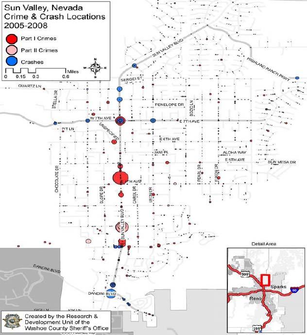 The intersections of Sun Valley Boulevard and 7th Avenue, 5th Avenue, Gepford Parkway, and Dandini were identified as hot spot locations; 222 of the Part I offenses during the four-year period were