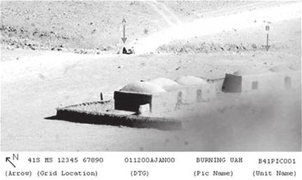 N 41S MS 09876 54321 011200AJAN00 IED EMPLACERS B41PICOO1 (ARROW) (GRID LOCATION) (DTG) (PIC NAME) (UNIT NAME) Figure 8-6. Picture of an Objective. B41PIC001 Photolog KILL NUMBER 1-1 A.