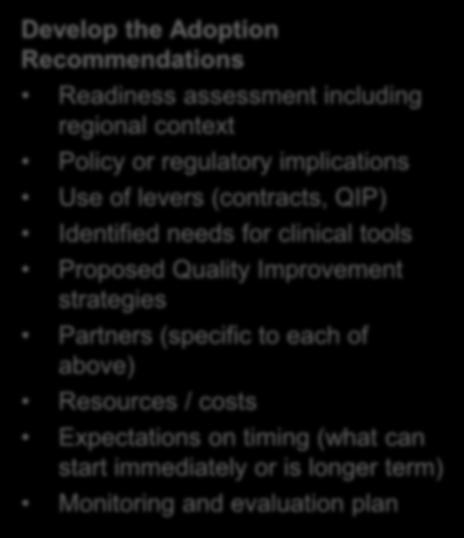 Adoption Approaches Develop the Adoption Recommendations Readiness assessment including regional context Policy or regulatory implications Use of levers (contracts, QIP)