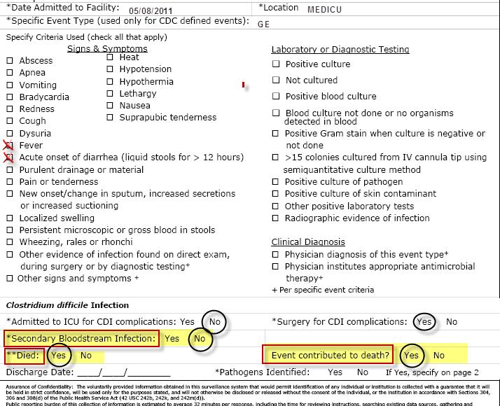 Event Form (cont.) If there is a cultureconfirmed BSI during this admission secondary to this C. difficile infection, circle Yes Circle yes only if the patient died within 30 days after C.