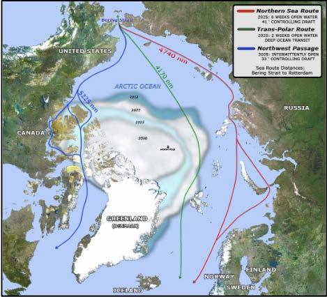 Figure 1: Arctic Seasonal Sea Lanes Source: US Department of the Navy, US Navy Arctic Roadmap 2014-2030 (Washington, DC: Government Printing Office, 2014), 14.
