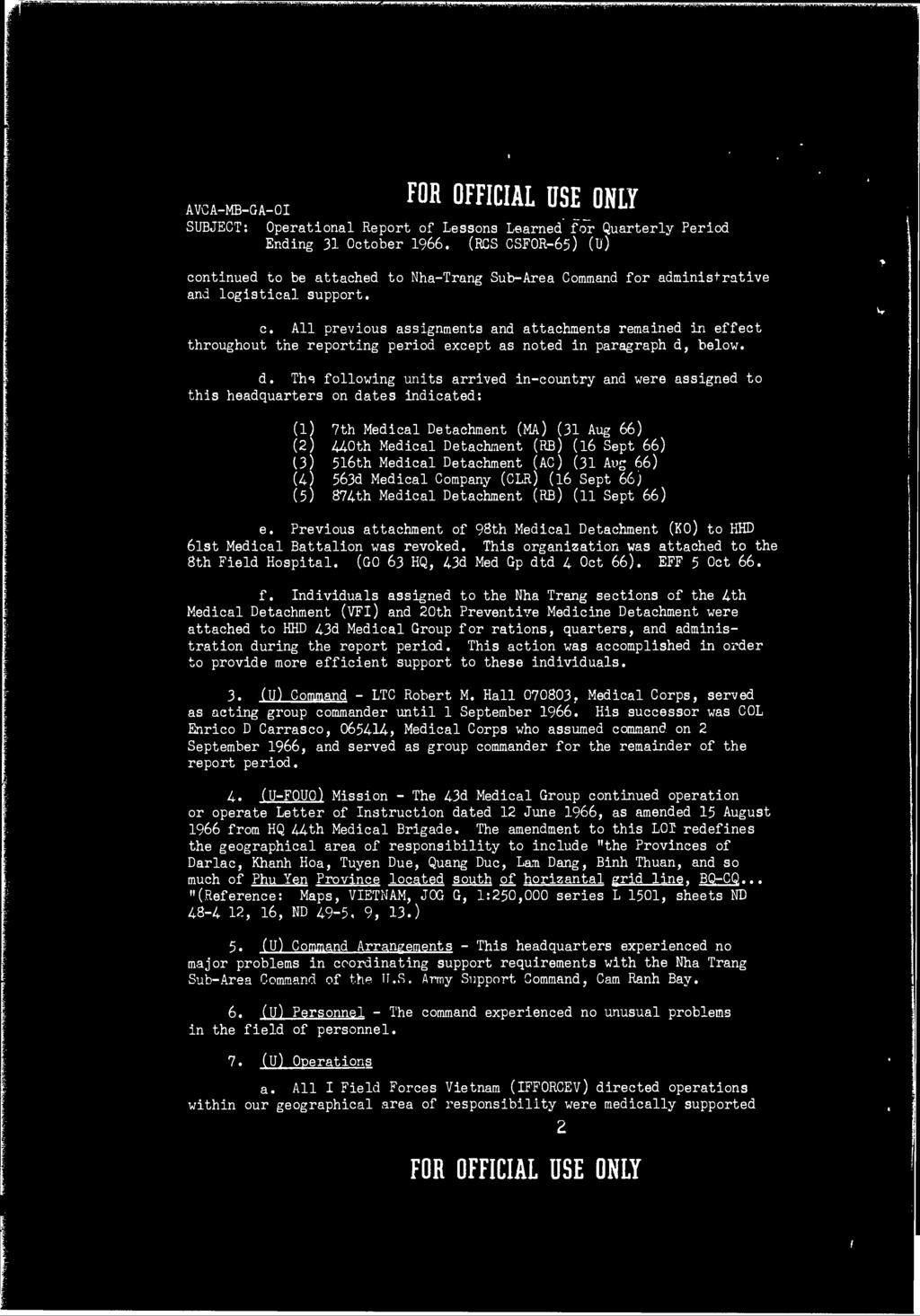 U1,ljl AVCA-MB-GA-OI M ***** uulj SUBJECT: Operational Report of Lessons Learned for Quarterly Period Ending 31 October 1966.