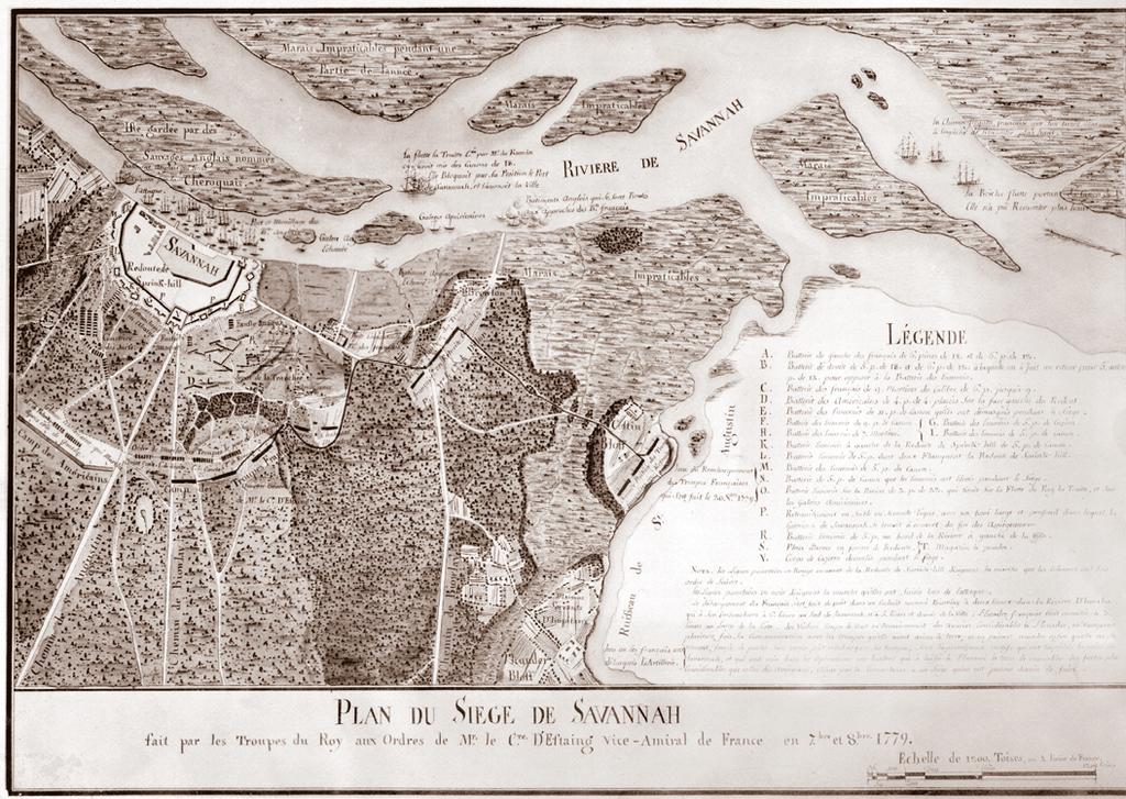 Below: This French map, drawn in 1779, illustrates the French plans for the siege of Savannah. This battle marked the first time that American and French troops fought together.