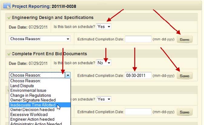 For each task in the list, choose either Yes or No. If the project task is on schedule, click Save.