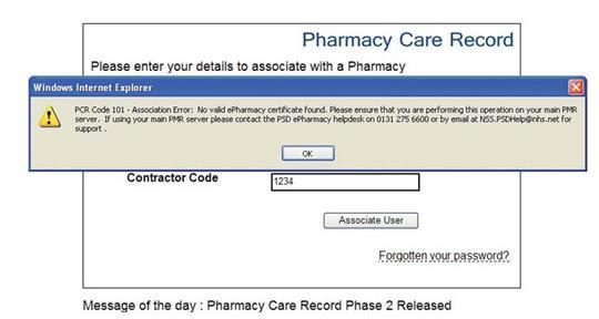 This means that association can only be successfully accessed from a computer that has the epharmacy certificate installed; in the majority of cases this will be your PMR server