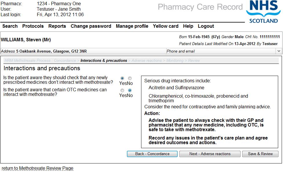 PCR User Guide for version 8 High risk medicine care risk assessments 59 Figure 5-5: Error message mandatory information Step 2 Answer Interactions & Precautions questions: Note: The Interactions &
