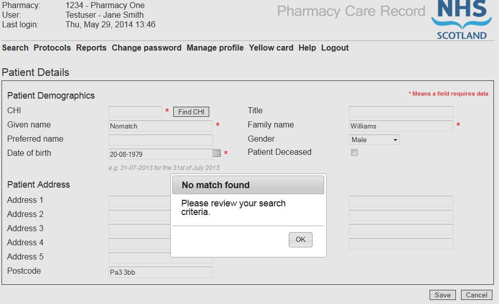 Search for and create patient records o If no match is found on the CHI system an error message will display advising to alter search criteria, Figure 4-9.