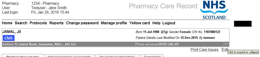 Search for and create patient records To show/hide the patient address and contact details, Figure 4-11, select the arrow on
