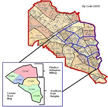 and implementing a resulting community health improvement project. The map below shows zip code 21215 and CSAs SPH and PAH.