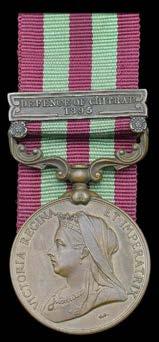 SINGLE CAMPAIGN MEDALS 477 A rare bronze medal for the Defence of Chitral awarded to Dooly Bearer Yamaladi Istharee, Madras Commissariat Department INDIA GENERAL SERVICE 1895-1902, 1 clasp, Defence